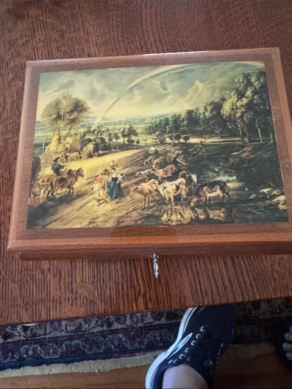 Vintage Wooden Trinket Box with Pastoral Print - Brown